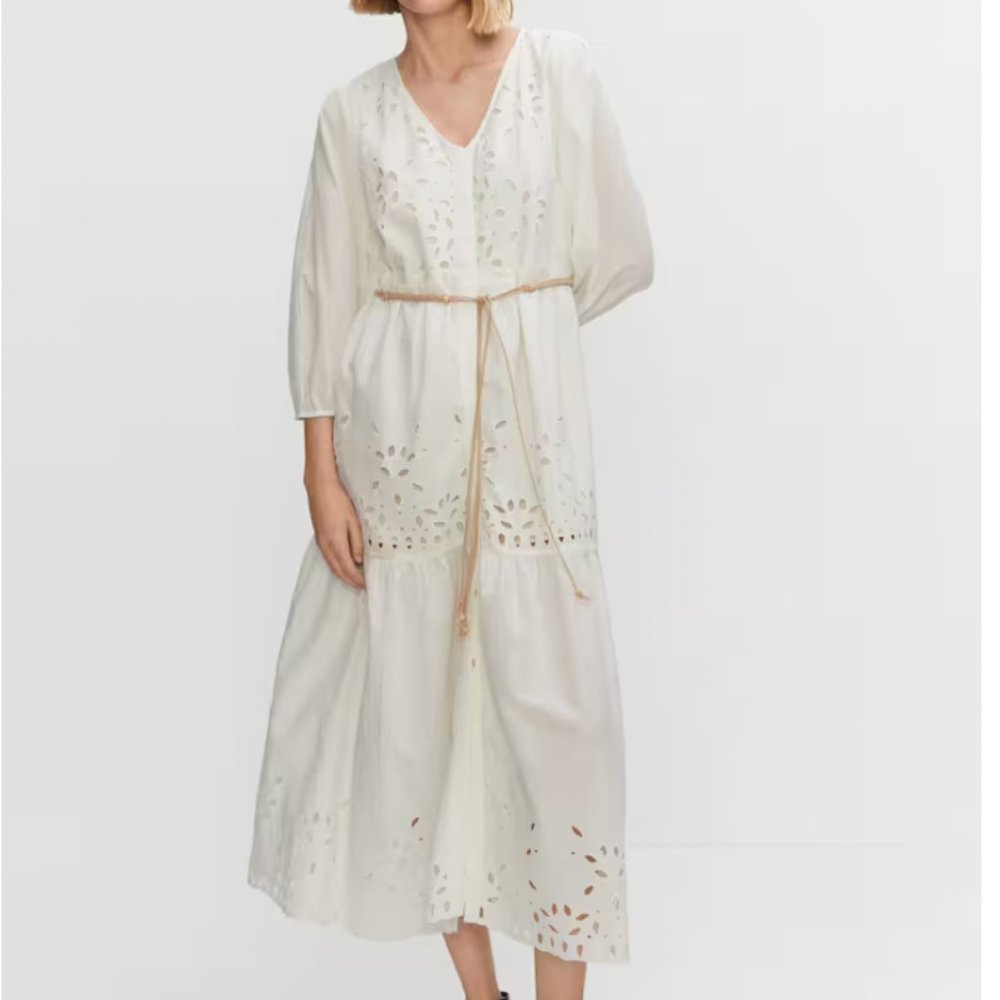 Mango Ivory Eyelet Midi Dress with Tie Belt